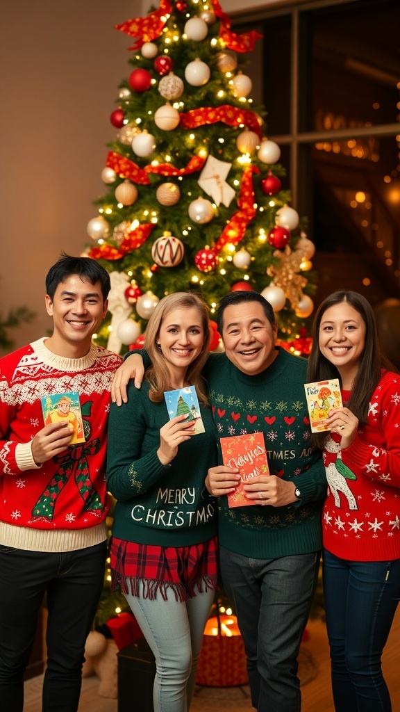 A cheerful family of five in holiday sweaters with Christmas cards in front of a decorated tree.